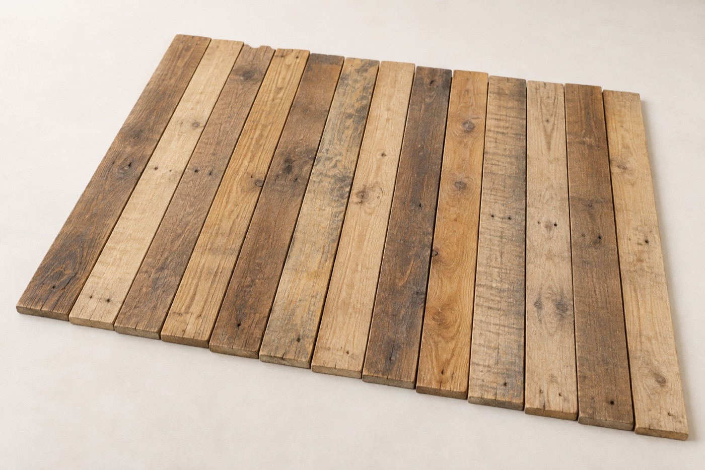 Reclaimed pallet boards laid side by side in mixed warm brown and honey tones, showing grain and nail marks