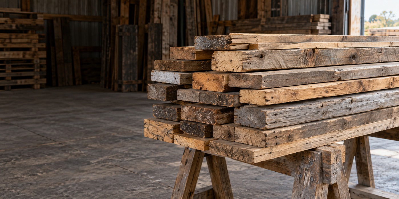 Stacked reclaimed timber boards on trestles in a workshop